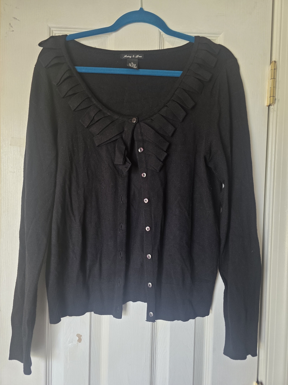 Aubrey & Grace Black Ruffle-Trim Cardigan Sweater